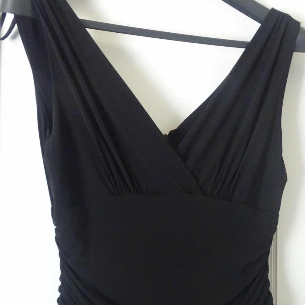 black dress V-neck purple flowers size 14 silky Fabric formal dress
